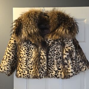 Adrienne Landau Leopard Print Coat with Fur Collar - Brown
